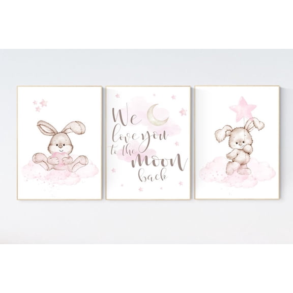 Bunny Pink Cloud And Stars Nursery Wall Art Prints, Nursery And Gallery Wall Decor