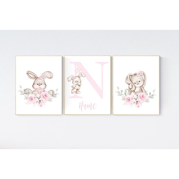 Bunny Pink Floral Rabbit Nursery Wall Art Print, Nursery, Home And Gallery Wall Decor