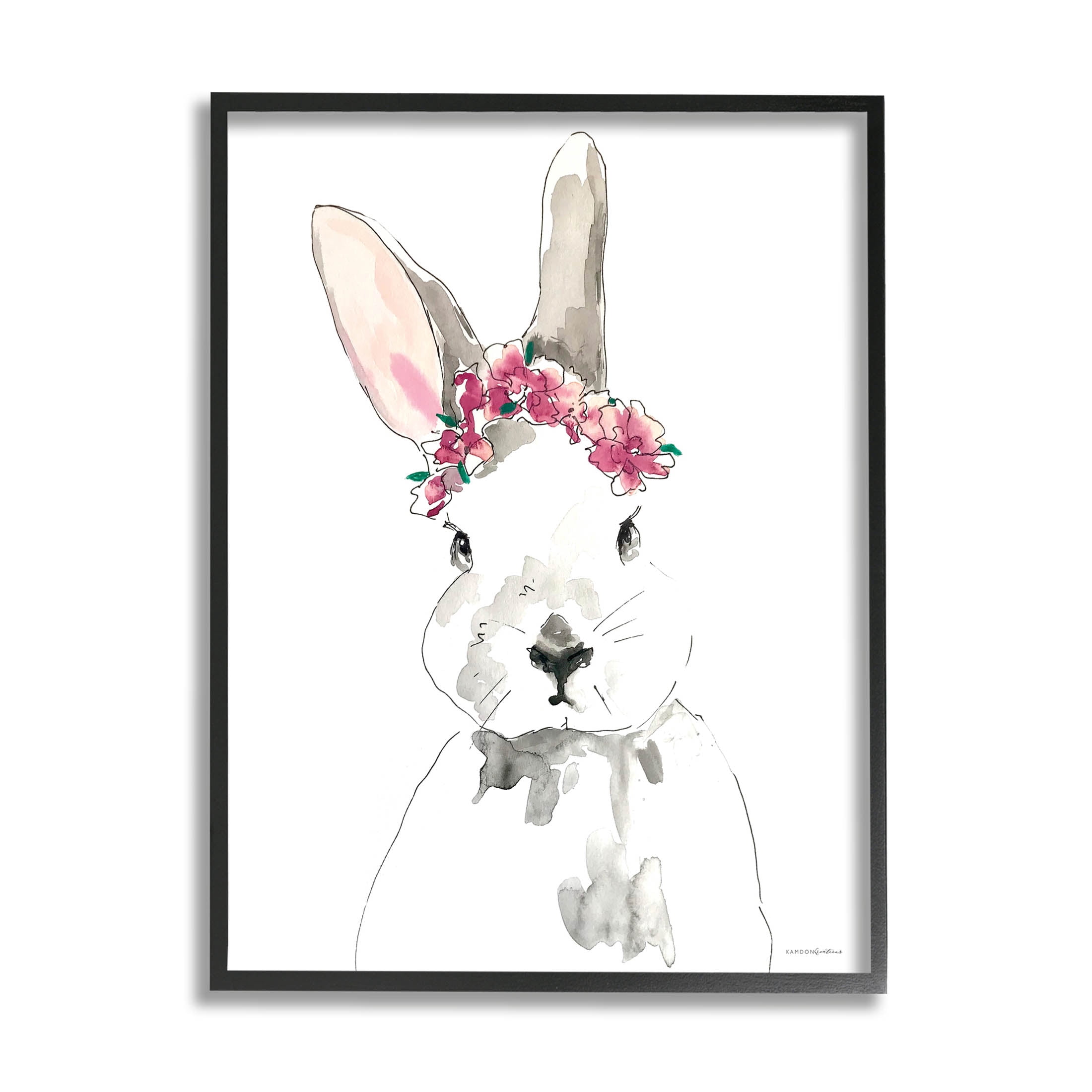 Bunny Pink Flower Doodle Animals & Insects Graphic Art Black Framed Art Print Wall Art