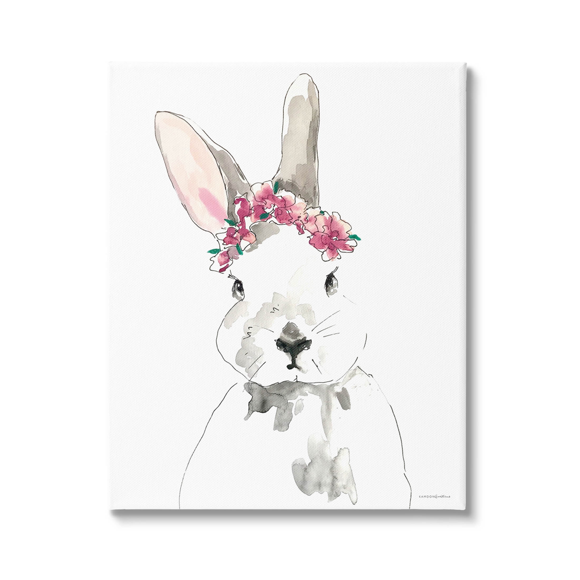 Bunny Pink Flower Doodle Animals & Insects Graphic Art Gallery Wrapped Canvas Print Wall Art
