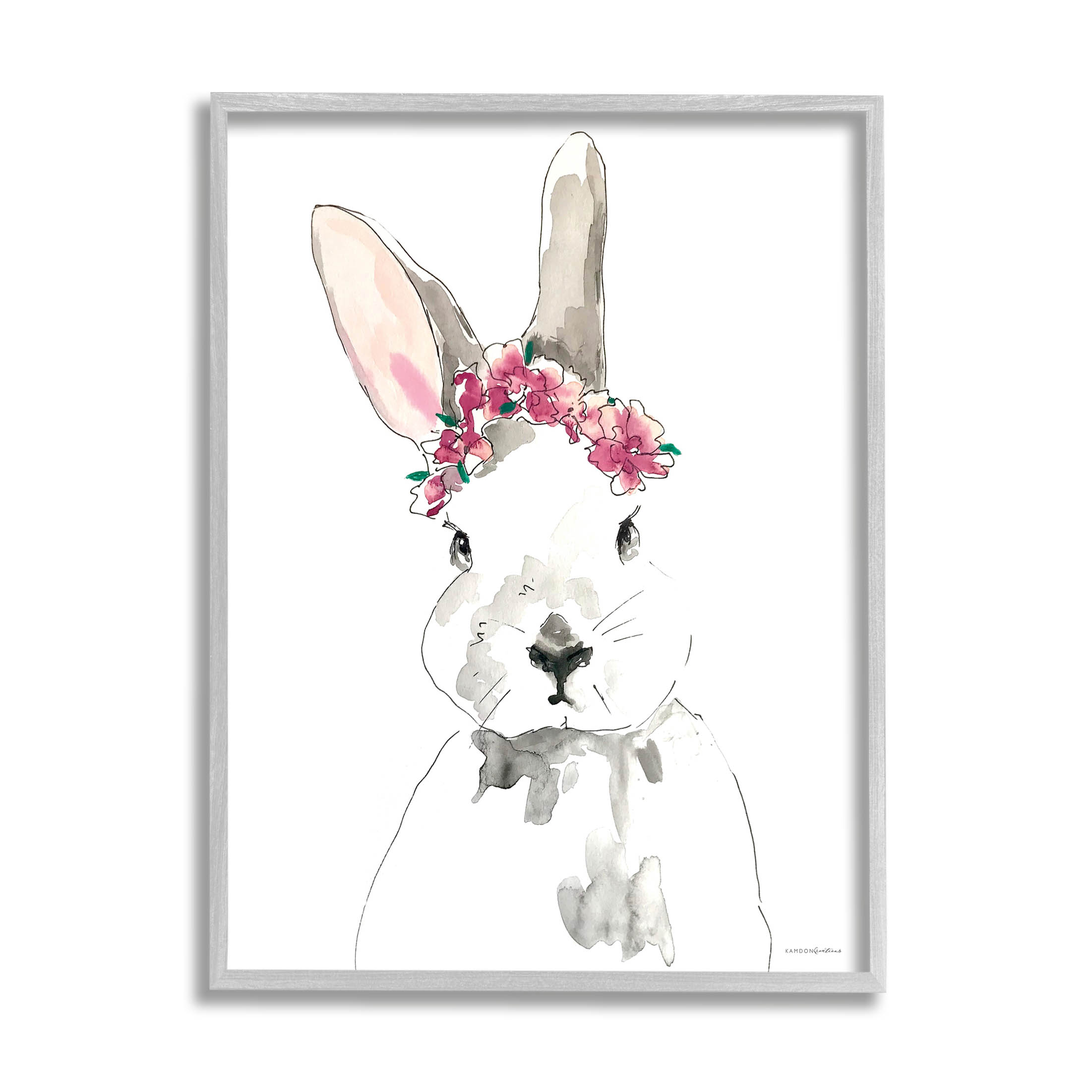 Bunny Pink Flower Doodle Animals & Insects Graphic Art Gray Framed Art Print Wall Art