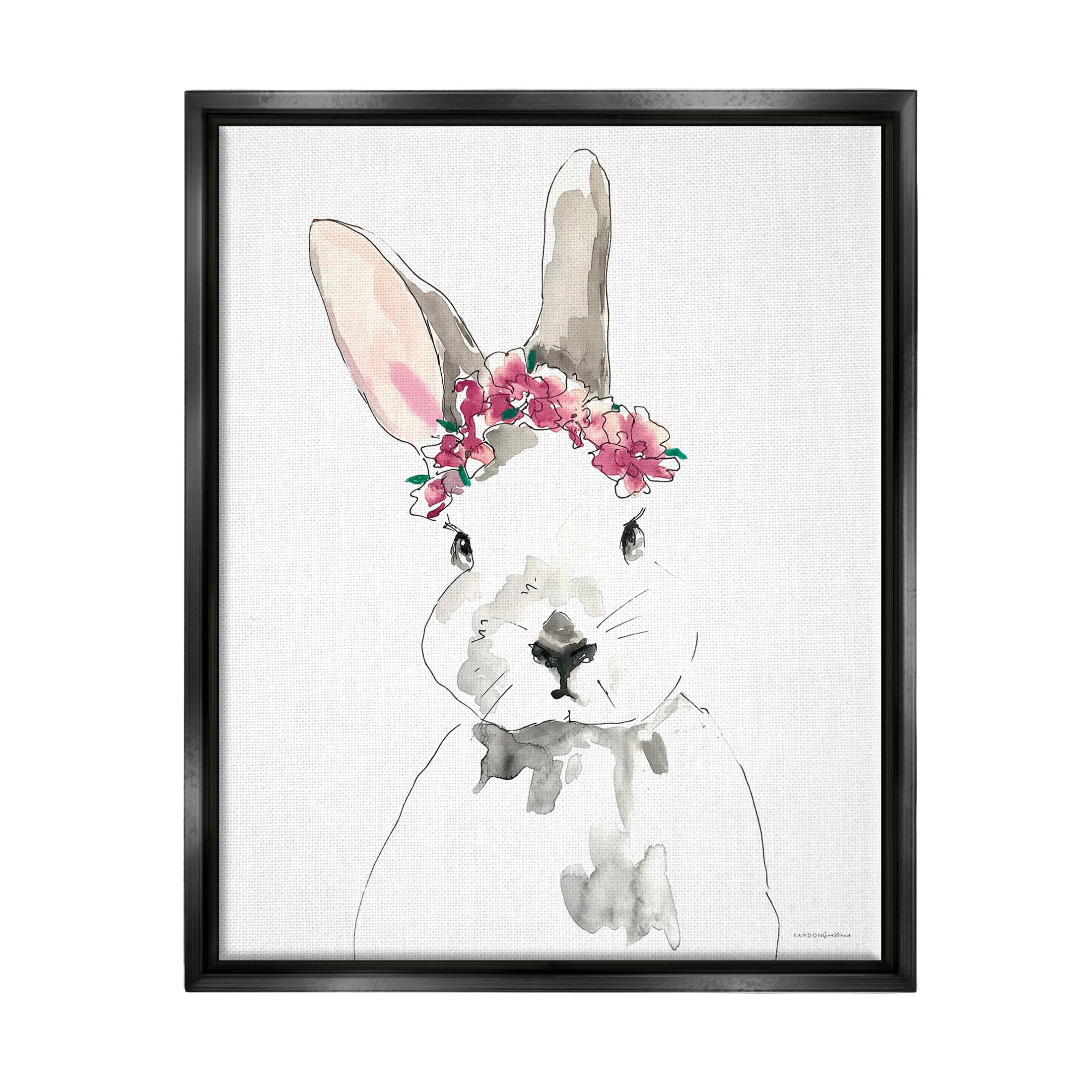 Bunny Pink Flower Doodle Animals & Insects Graphic Art Jet Black Framed Art Print Wall Art