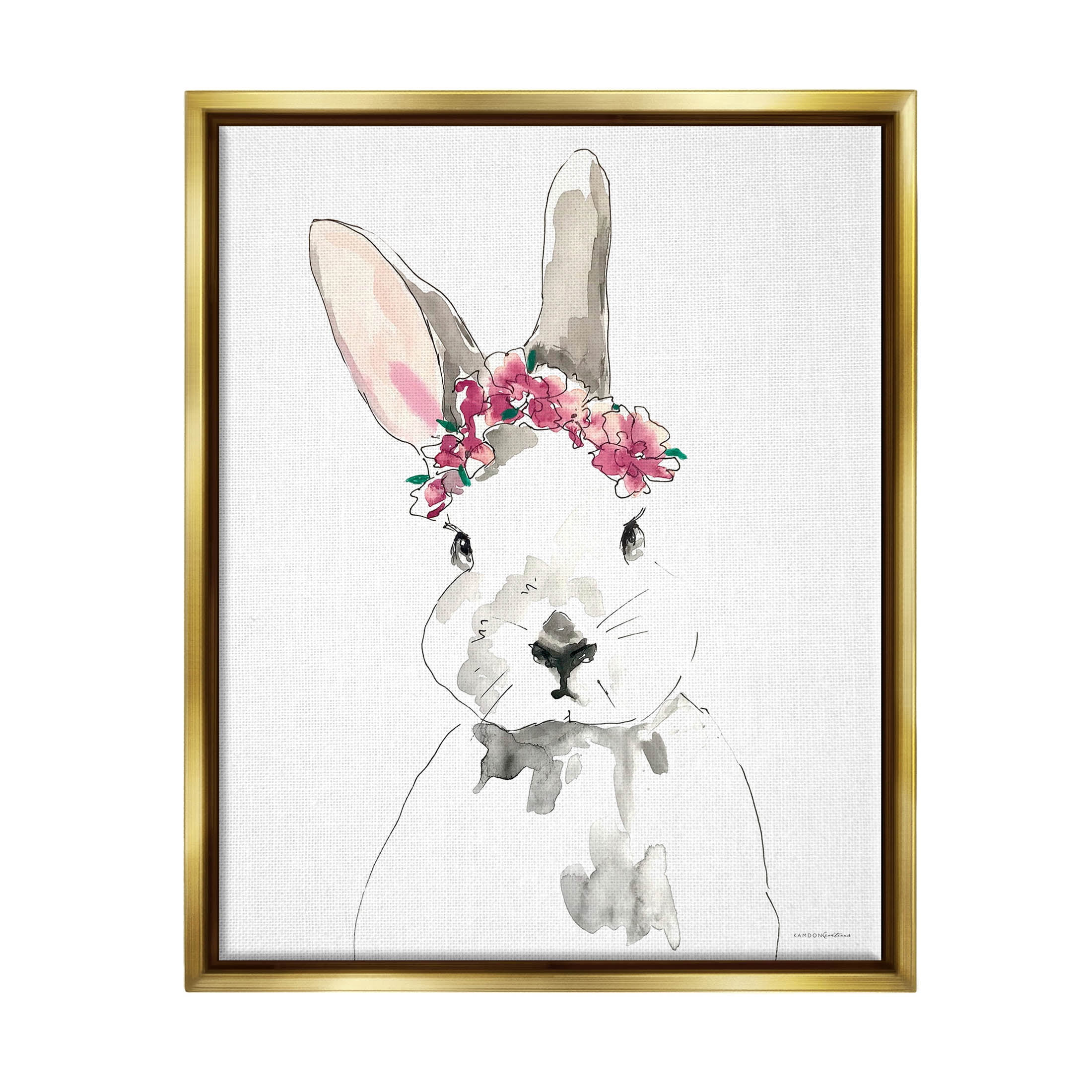 Bunny Pink Flower Doodle Animals & Insects Graphic Art Metallic Gold Framed Art Print Wall Art