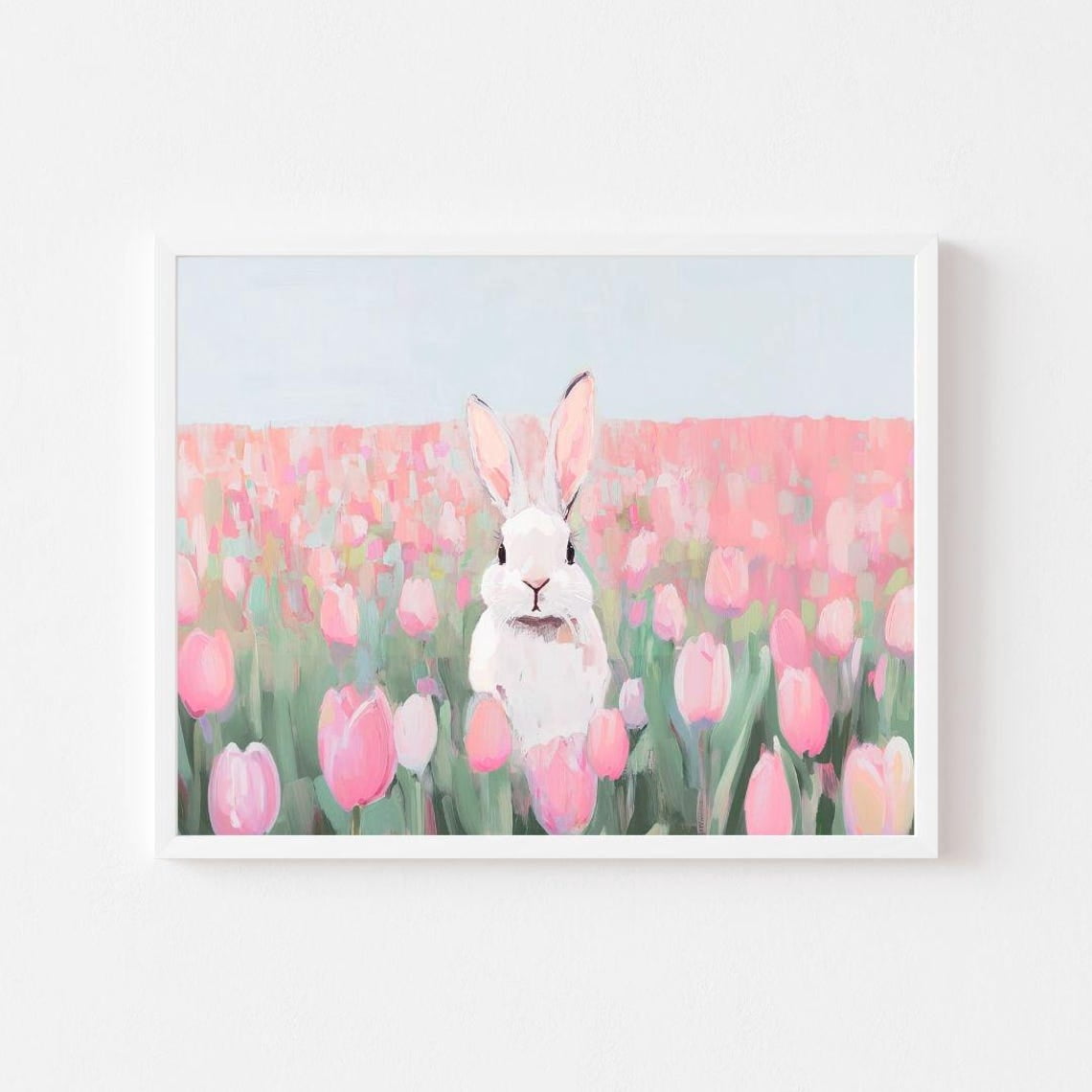 Bunny In A Pink Tulip Field Painting Easter Landscape Wall Art Print ...