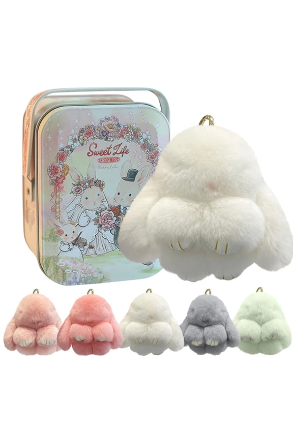 Bunny Plush Keychain, Soft Fluffy Keyring with Tin Box, PomPom Charms Gifts for Key & Bags