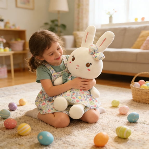 Bunny Plush Pillow with Bow and Floral Dress Soft Stuffed Rabbit Cushion Spring Decorative Throw for Sofa Bedroom(Green)
