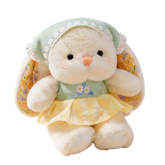 Bunny Plush Toys Soft Stuffed Rabbit Animal Cute Long Floppy Ear Plushie with Lace Trimmed Bonnet Embroidered Outfit Yellow Ruffle Dress Floral Lining for Student Toddlers