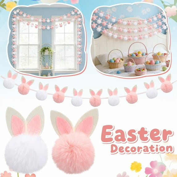 Bunny Pom Pom Garland and Decorative Plush Bunny Tail Set with Felt Ears for Home Party Wall Table Decor Easter Theme