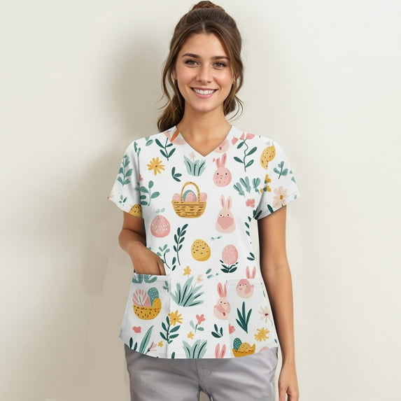 Bunny Printed Easter Scrubs for Women, Cute Stretch Short Sleeve V-Neck Nurse Tops, Working Uniform Nursing Top with Pockets, Plus sized Easter Themed T-shirts for Womens 01-Dark Green 4XL