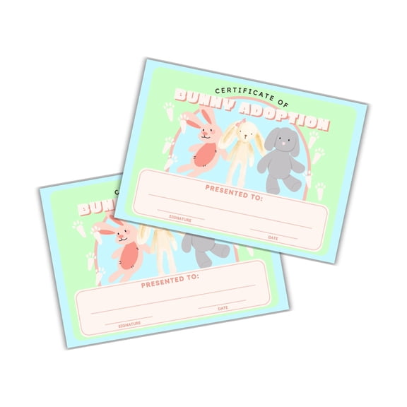 Bunny Rabbit Adoption Certificate 30pk 5x7 Easter Save New Pet Animal Rescue Adopt Milestone Award Basket Stuffed Animal Care Gift Date and Signature Blue Green