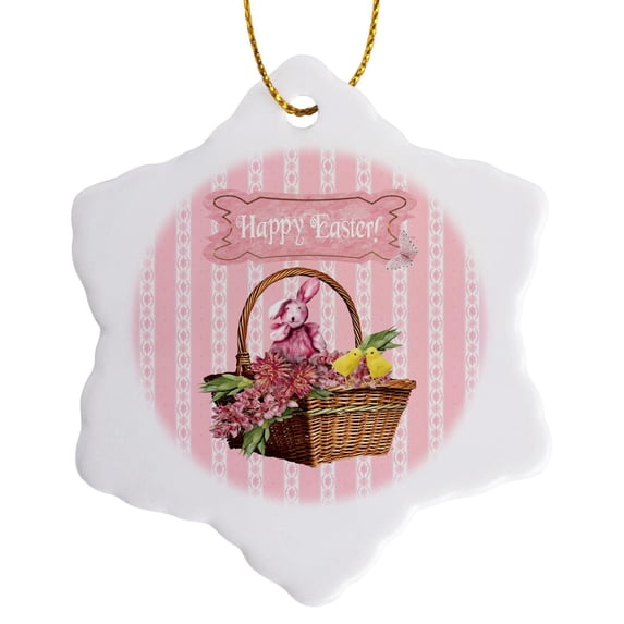 3drose, Bunny Rabbit and Chicks in Basket of Pink Flowers, Happy Easter, 3 inch Snowflake Porcelain Ornament