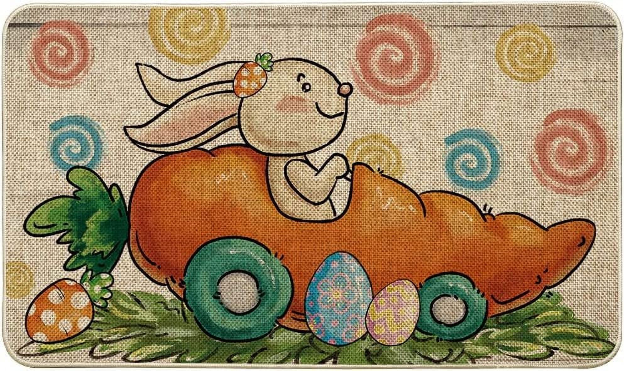 Bunny Rabbit Carrot Car Easter Doormat , Spring Summer Home Decor Low