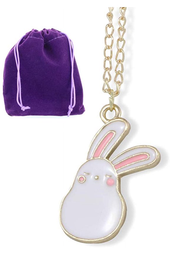 Bunny Rabbit Cartoonish White with Two Pink Ears on Gold Chain Necklace