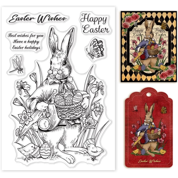 Bunny Rabbit Clear Stamps Happy Easter Eggs Basket Silicone Clear Stamp Seals for Cards Making DIY Scrapbooking Photo Journal Album Decoration DIYDIY
