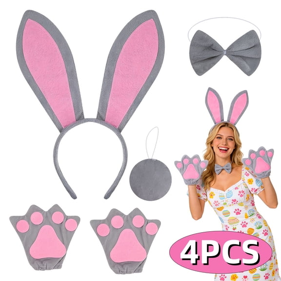 Bunny Rabbit Costume Accessories Easter Party Suppies With Bunny Headband Bowtie Tail Nose Gloves for Halloween Cosplay Costume Grey