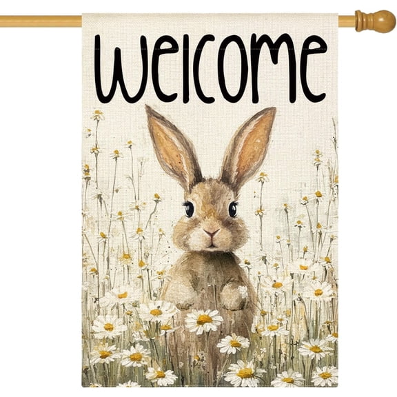 Bunny Rabbit Easter House Flag 28x40 Inch Double Sided Outside, Welcome Spring Floral Yard Outdoor Flag
