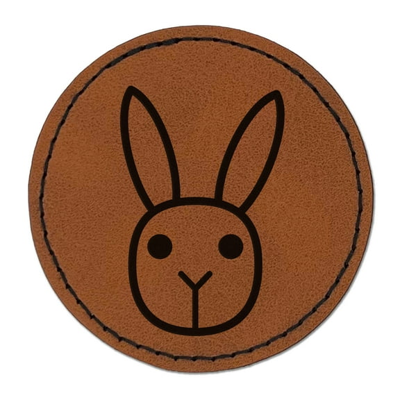 Bunny Rabbit Face Simple Easter 2.5" Faux Leather Round Engraved Iron-On Patch - Brown