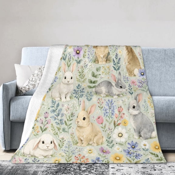 Bunny Rabbit Floral Blanket Gift Throw Blanket Spring Easter Gift for Women Rabbit Lovers Decor 60x50