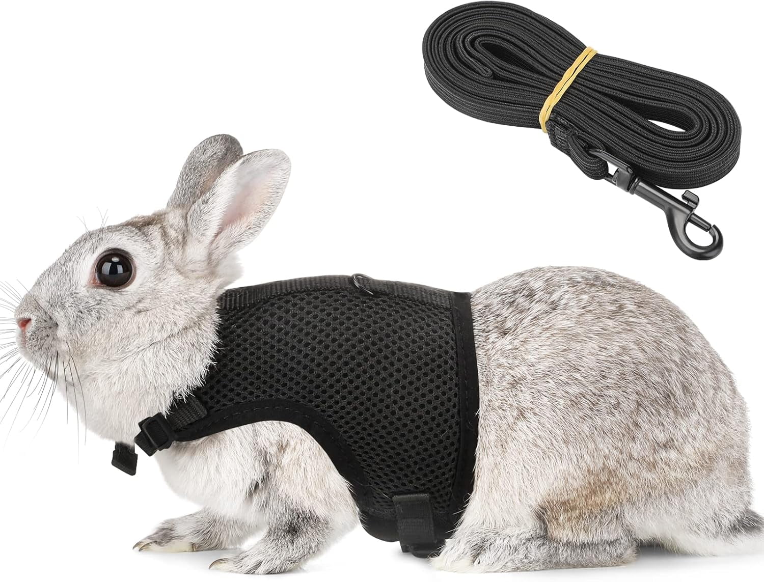 Bunny Rabbit Harness with Stretchy Leash Cute Adjustable Buckle Breathable Mesh Vest for Kitten Small Pets Walking (Black,XS)