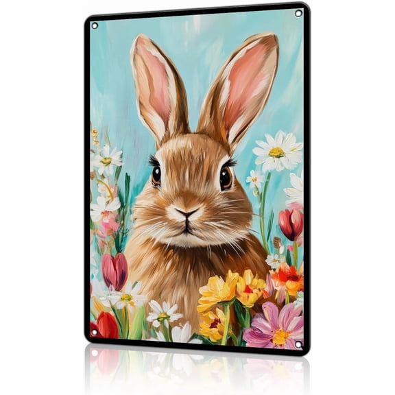 Bunny Rabbit Metal Tin Sign Easter Wall Art Rabbit Decor Spring Decor Easter Primitive Country Decor Bunny Art for Home Living Bedroom Room Kitchen 8x12 inch