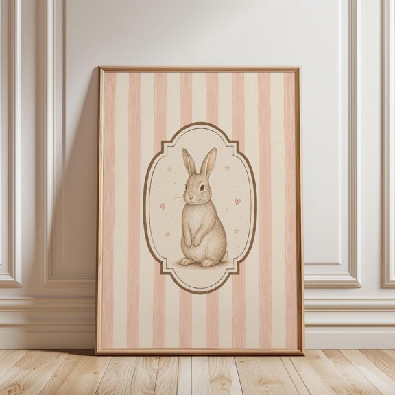 Bunny Rabbit Nursery Poster, Blush Pink Stripe Vintage Illustration, Girls Room Kids Wall Art Print, Striped Kids Poster