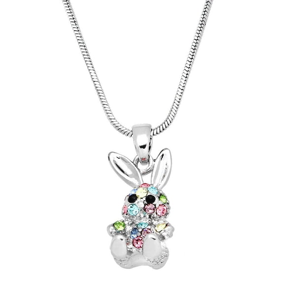 Bunny Rabbit Pendant Necklace Multicolor Rhinestone Crystal Rhodium Plated 17 Inch Snake Chain J0263-MT