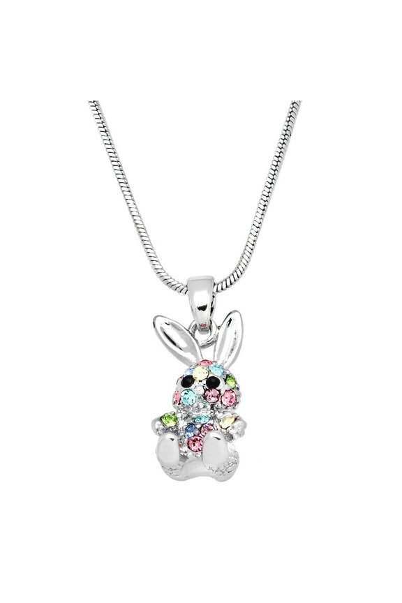 Bunny Rabbit Pendant Necklace Multicolor Rhinestone Crystal Rhodium Plated 17 Inch Snake Chain J0263-MT