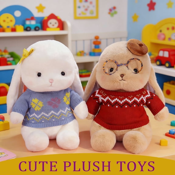 Bunny Rabbit Plush Toy Stuffed Animal in Sweater with Glasses,Wise Long Eared Bunny Doll Soft Hugging Cushion for Home Decor