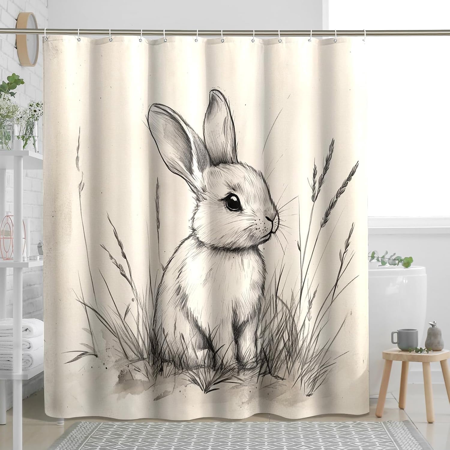 Bunny Rabbit Shower Curtain, Black White Sketch Waterproof Bathroom ...