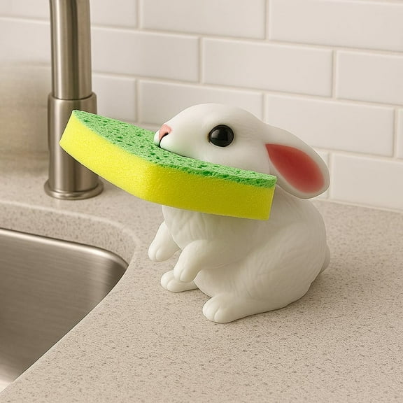 Bunny Rabbit Sponge Holder with Sponge White with Pink Ears and Black Eyes Fun Kitchen Accessory by Dependable Industries Inc. Essentials