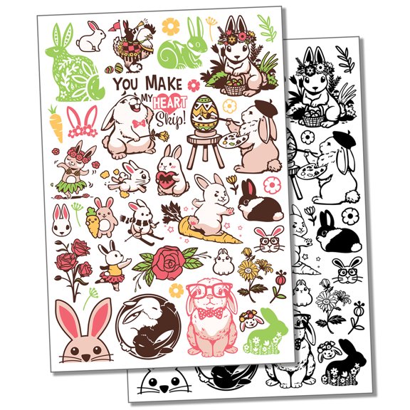 Bunny Rabbit Spring Easter Flowers Water Resistant Temporary Tattoo Set Fake Body Art Collection - Black