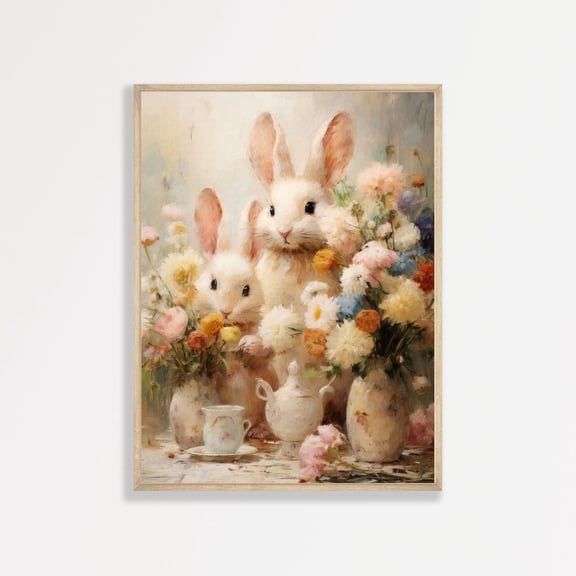 Bunny Rabbit Wall Art Retro Floral Nursery Poster