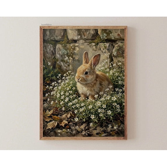 Bunny Rabbit Wildflowers Wall Art Print, Vintage Botanical Animal Decor ...