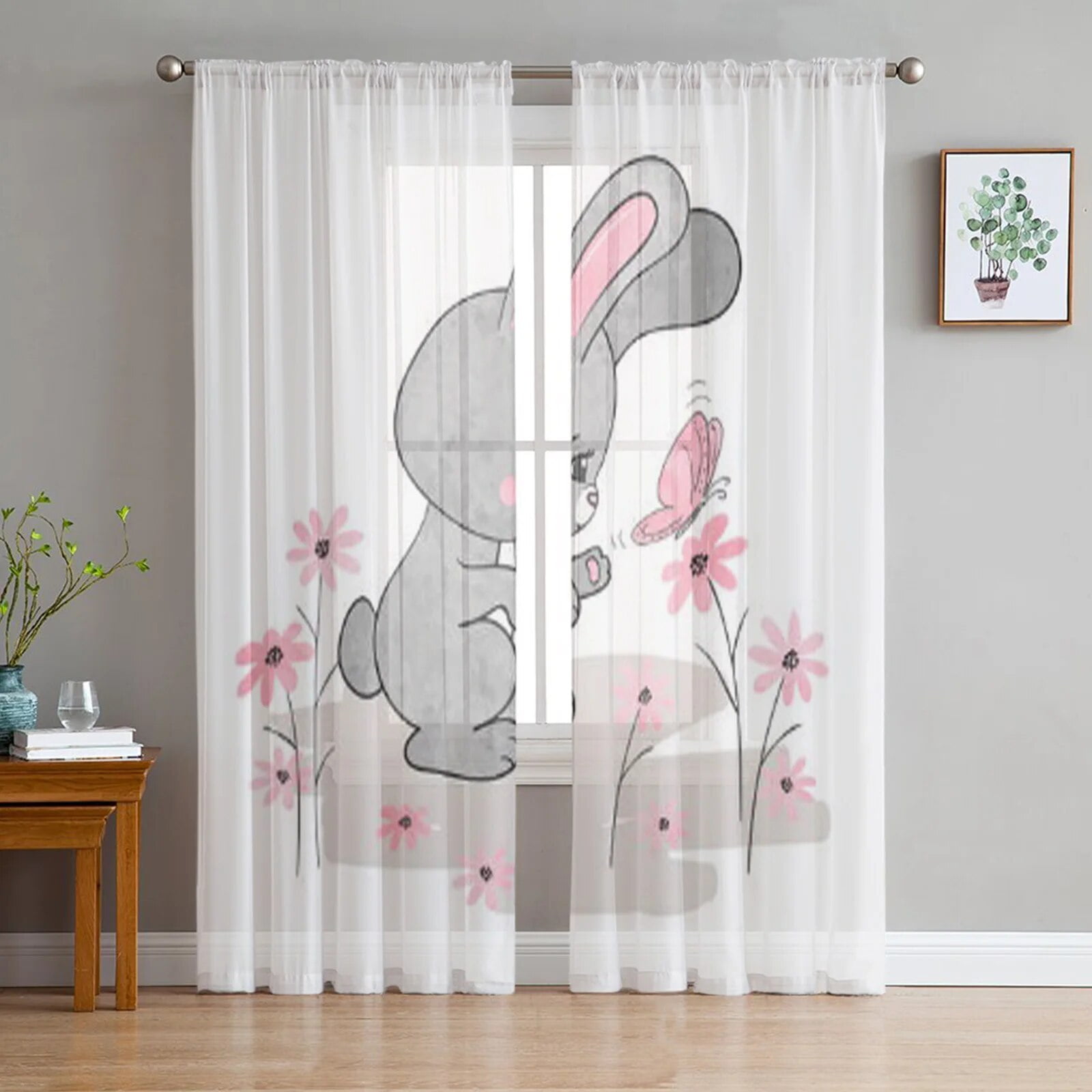 Bunny Rabbit with Flowers Watercolor Sheer Curtain for Living Room ...