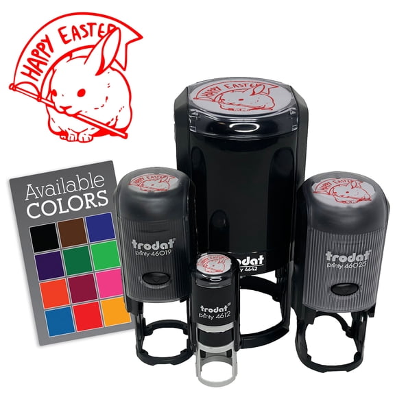 Bunny Rabbit with Happy Easter Flag Self-Inking Rubber Stamp Ink Stamper for Stamping Crafting Planners - Blue Ink - Mini 1/2 Inch