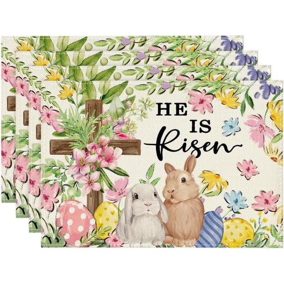 Bunny Rabbits Flower Colorful Eggs Easter Placemats Set of 4, 14 Inch Round Spring Holiday Table Mats for Party Kitchen Dining Decoration