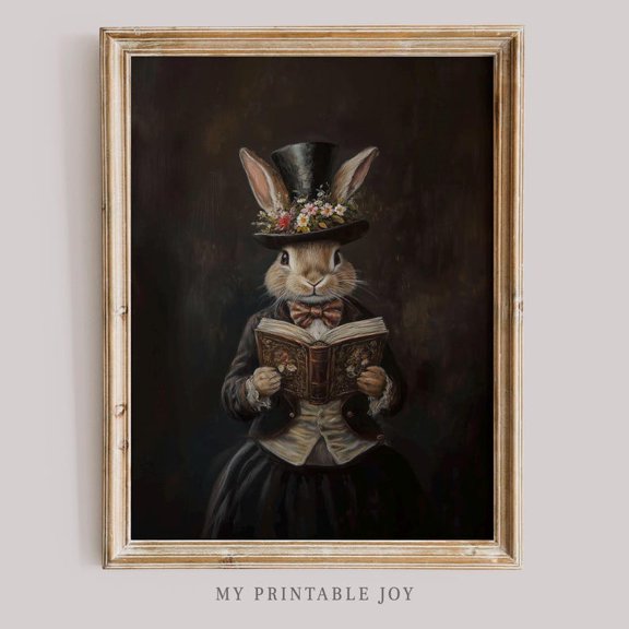 Bunny Reading Book Wall Art Poster – Vintage Portrait Dark Academia Cottagecore Print 8x12 UNFRAMED