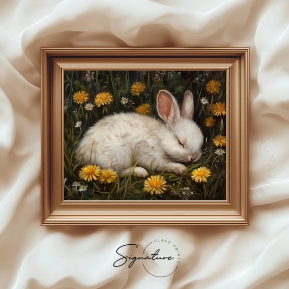 Bunny Resting in Dandelion Meadow, Rabbit, Cottagecore Animal Decor, Rustic Spring Wall Art, 3624 Unframed Paper Print