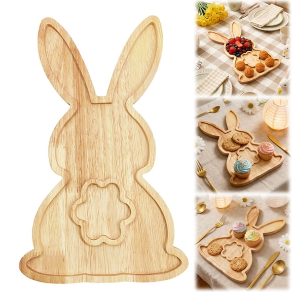 Bunny Shaped Bamboo Serving Tray, Easter Rabbit Snack Board & Wooden Cutting Board for Fruits Desserts and Cooked Food, Flower Bunny Design, 1PC