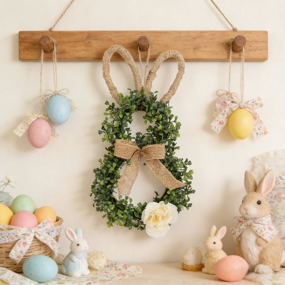 Bunny Shaped Easter Spring Wreath - 19.6 Inch Artificial Flower Rabbit Garland with Linen Bow for Front Door, Wall, and Window Farmhouse Holiday Decorations