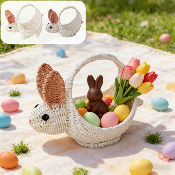 Bunny-Shaped Imitation Rattan Woven Gift Basket with Handle - Cute Durable Lightweight, Foldable for Easy Storage, Easter Egg Hunt Fruit Picking Picnic Home Decor, White, 13.39*9.84in