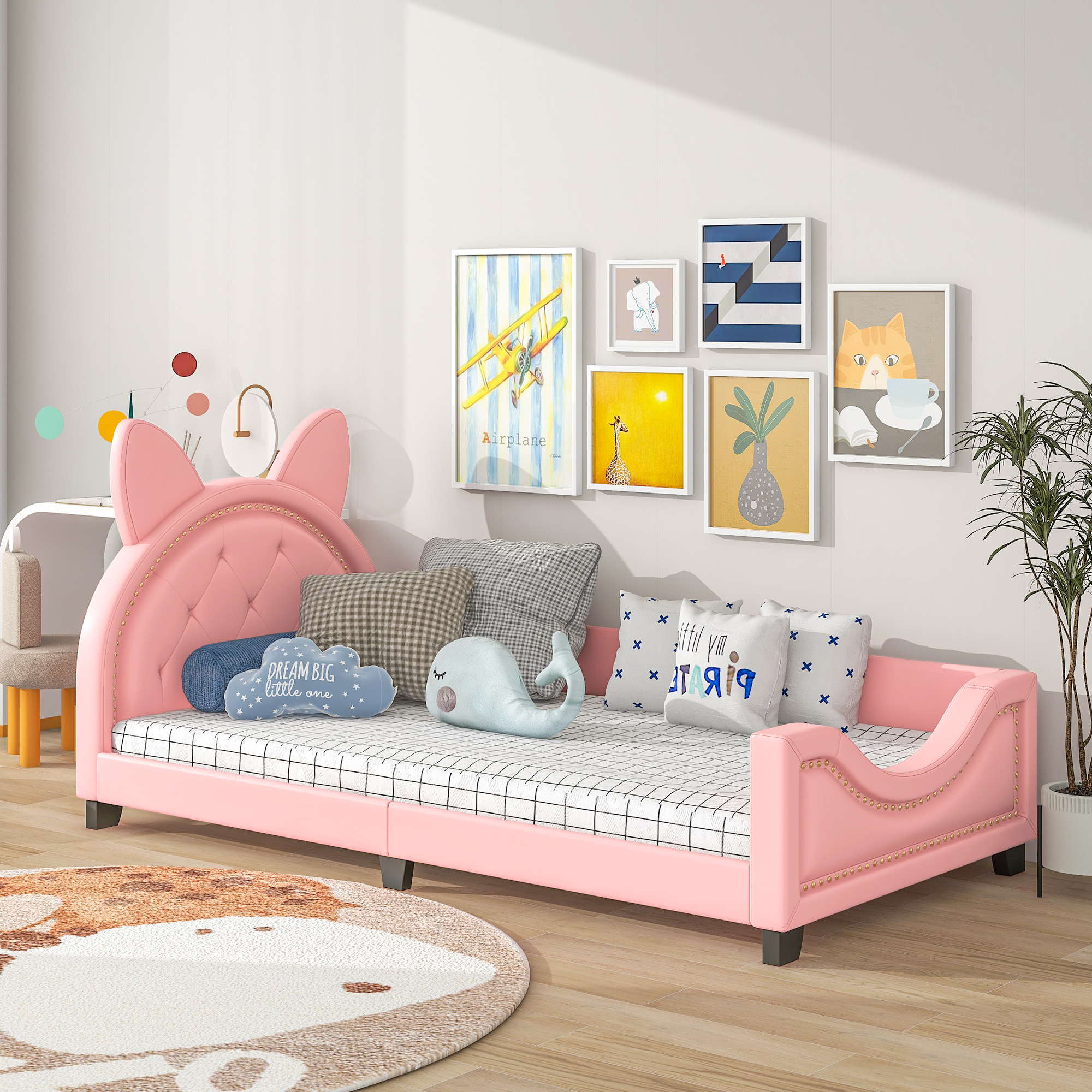 Bunny Shaped Twin Size Upholstery Daybed with Headboard for Kids, Pink - image 1 of 8
