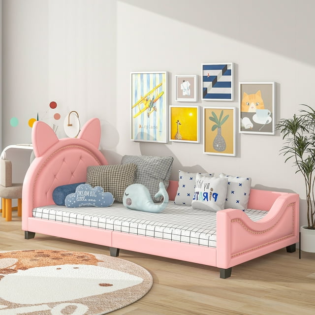 Bunny Shaped Twin Size Upholstery Daybed with Headboard for Kids, Pink