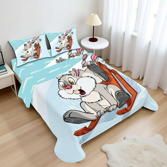 Ambesonne Bunny Fitted & Top Sheet Set with Shams, Winter Wooden Sled Cartoon, Aqua and Orange
