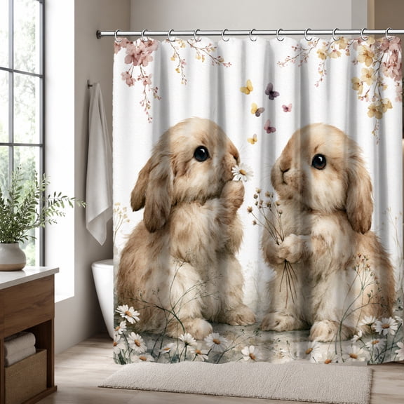Bunny Shower Curtain, Cute Rabbit Floral Bathroom Decor, Easter Bunny Shower Curtain, Woodland Animal Bath Curtain, Farmhouse Spring Bathroom Decoration, 70.87 x 70.87 Inch