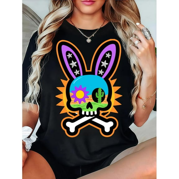 Bunny Skull Graphic Tee Top Playful Sun Design Fashion Casual Short Sleeve Cotton Shirt Black S-5XL