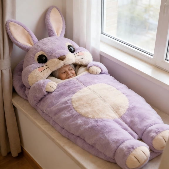 Bunny Sleeping Bag for Human 70" Soft Sleeping Bags Plush Envelope Washable Warm Blanket for Camping Travel Sleepovers Home Purple