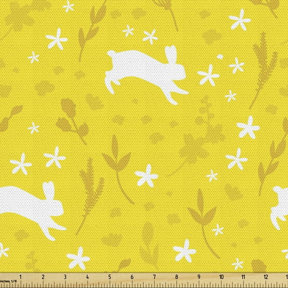 Ambesonne Bunny Fabric by the Yard Upholstery, White Rabbits Flowers Herbs, 10 Yards, Yellow Mustard White