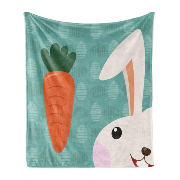 Bunny Soft Flannel Fleece Blanket, Childish Cartoon with Half Face of a Funny Rabbit and Huge Carrot Print, Cozy Plush for Indoor and Outdoor Use, 60" x 80", Pale Teal and Multicolor, by Ambesonne