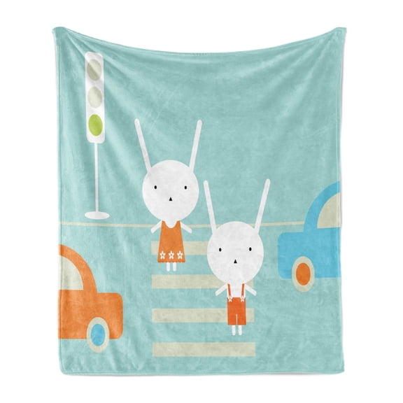 Bunny Soft Flannel Fleece Blanket, Traffic Rules Theme Boy and Girl Rabbits Crossing the Road Educational Kids Cartoon, Cozy Plush for Indoor and Outdoor Use, 60" x 80", Multicolor, by Ambesonne